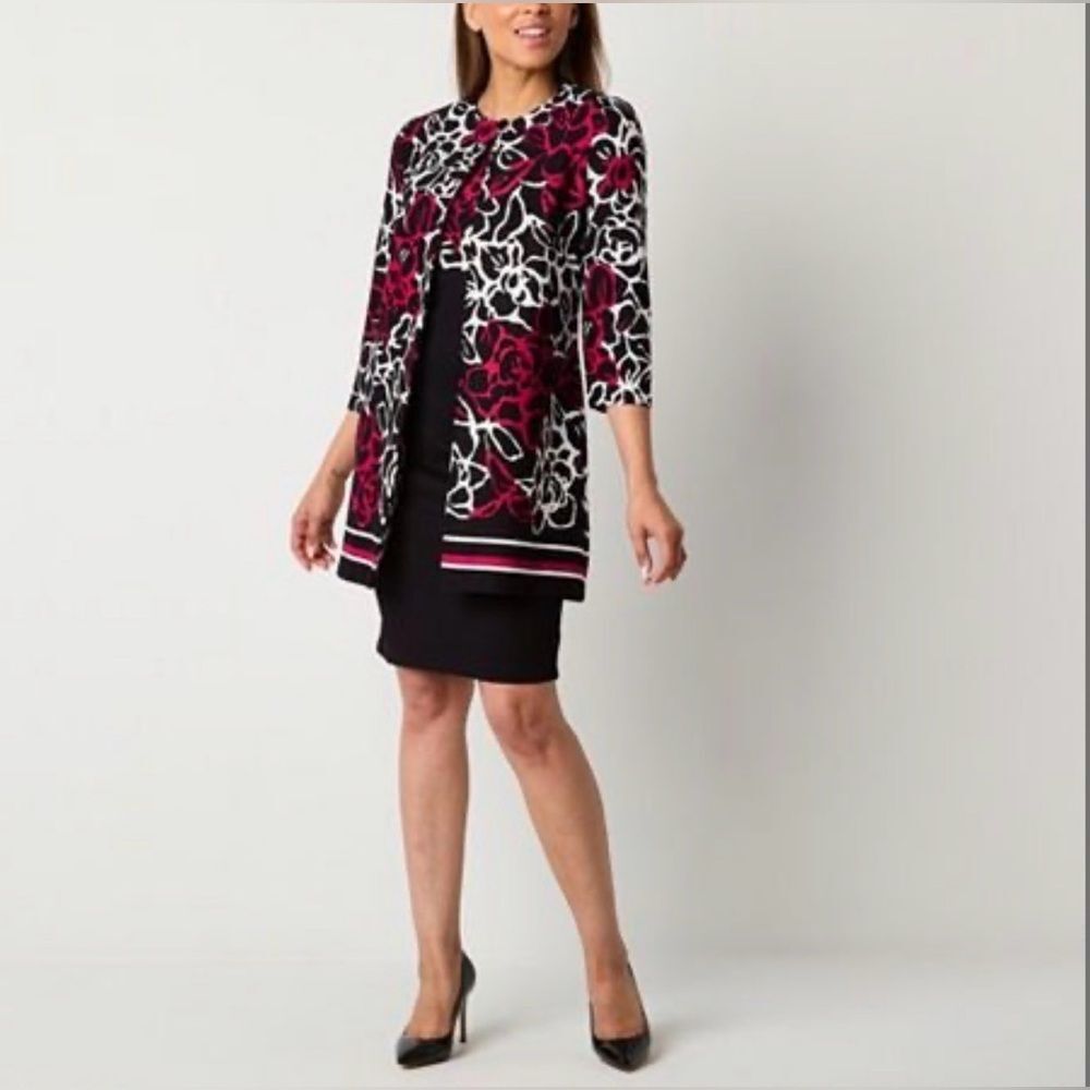 Danny & Nicole Floral Jacket and Dress Black Red White 18 NWT